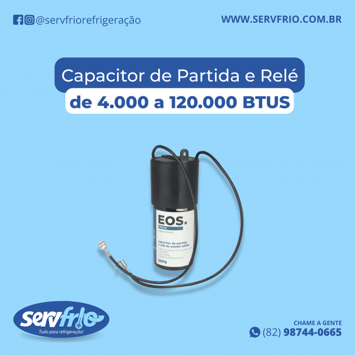 Capacitor de Partida e Relé de 4.000 a 120.000 BTUS, 1/2 A 10 HP EOS