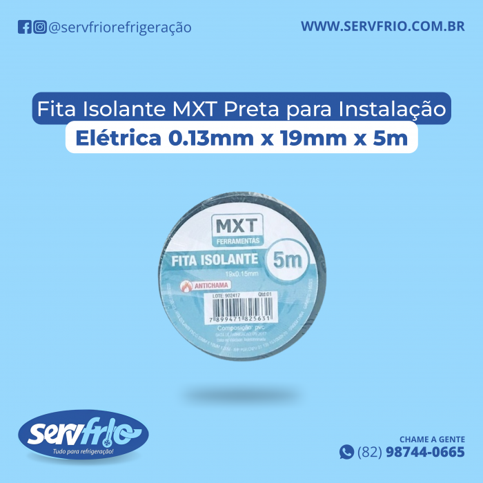 Fita Isolante MXT Preta para Instalação Elétrica 0.13mm x 19mm x 5m